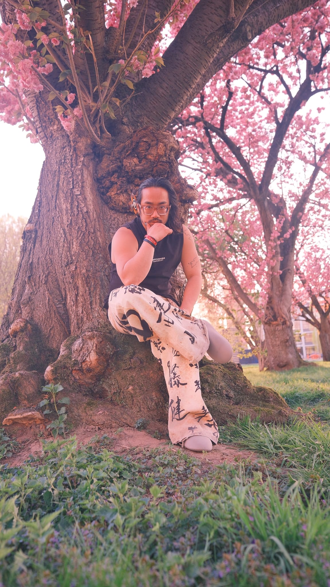 DUKEZ cherry blossom roots kanji pants